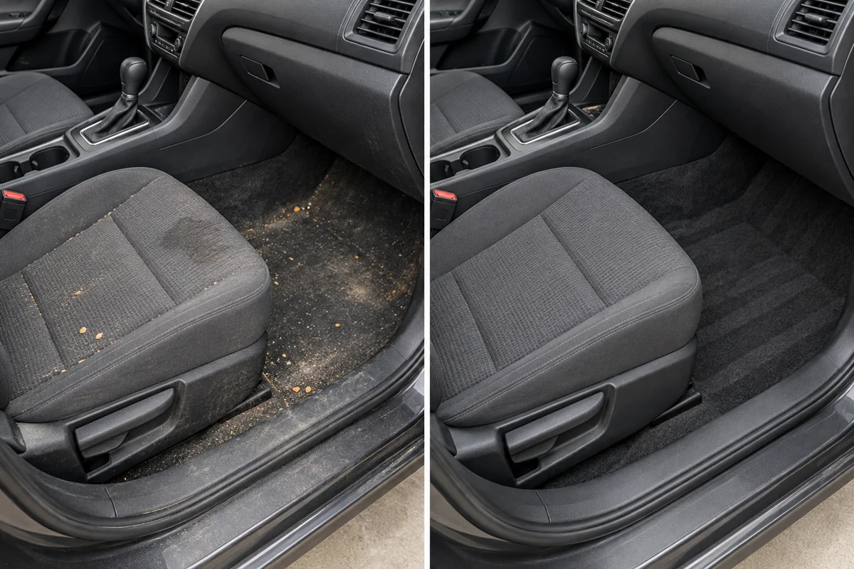 AI-created 50/50 illustration of a dirty cloth seat and footwell compared with a cleaned interior.