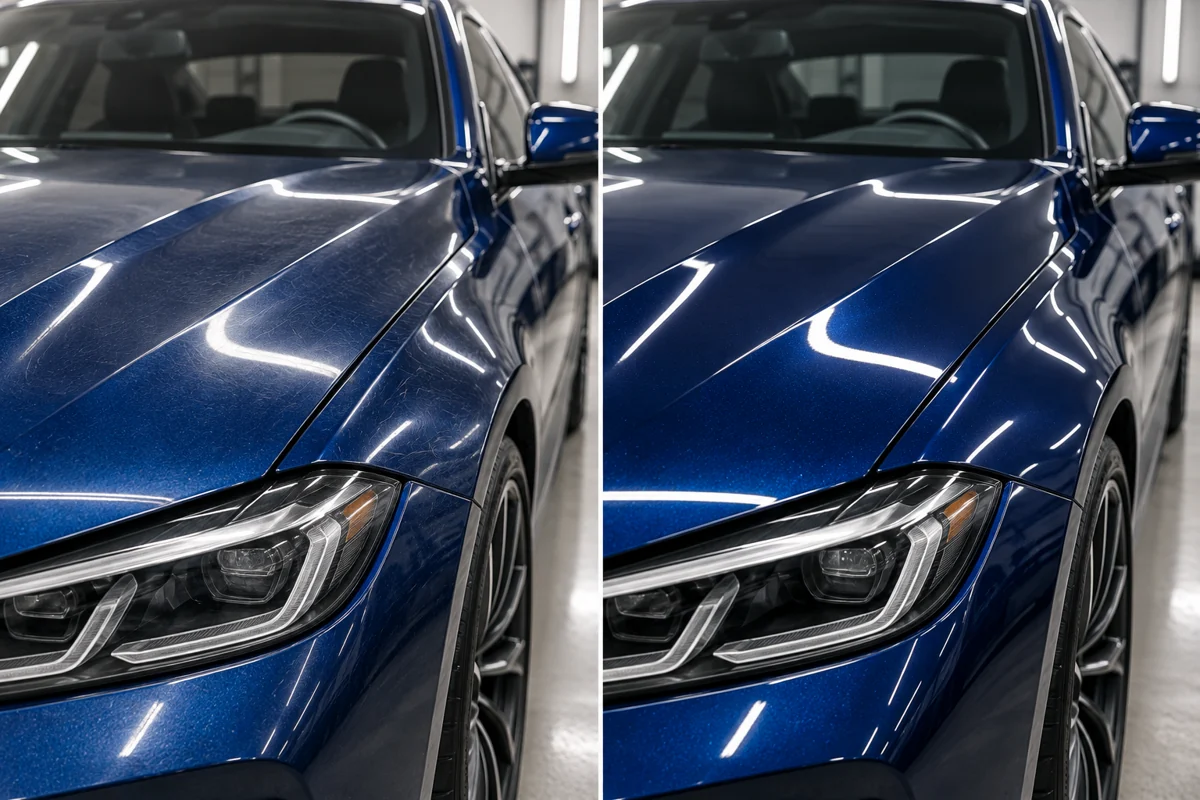AI-created 50/50 illustration of blue paint before preparation and after polishing followed by ceramic coating.