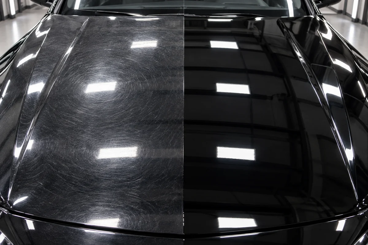 AI-created 50/50 illustration of swirl-marked black paint compared with polished paint.