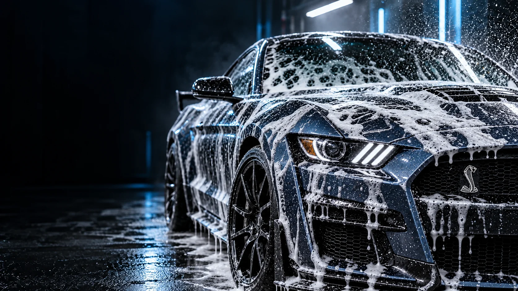 Illustrative Ford Mustang Shelby covered in foam during an exterior wash